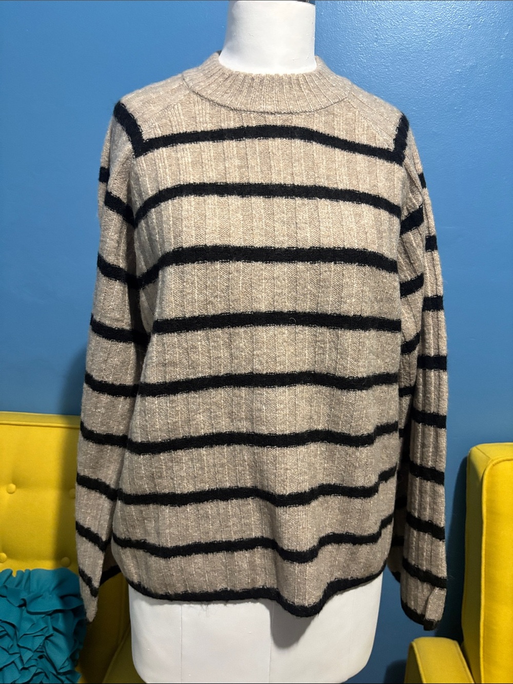 Men's Beige and Black Striped Crewneck Sweater